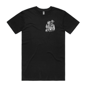 Front view of Death & Axes T-shirt, black AS Colour Staple Tee with white graphic design, Engineered for Axemen branding.
