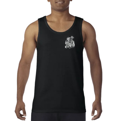 Men’s singlet with axe design in black, front view – Engineered for Axemen