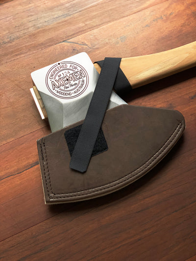 Australian made leather axe sheath on Engineered for Axemen axe with 25 mm Velcro strap