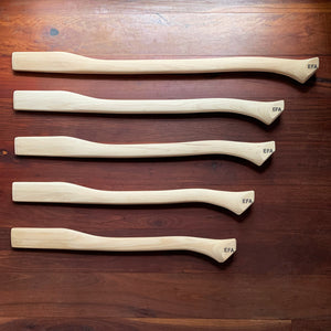 Five racing axe handles, American hickory, top-down view showing size range.