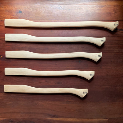 Five racing axe handles, American hickory, top-down view showing size range.
